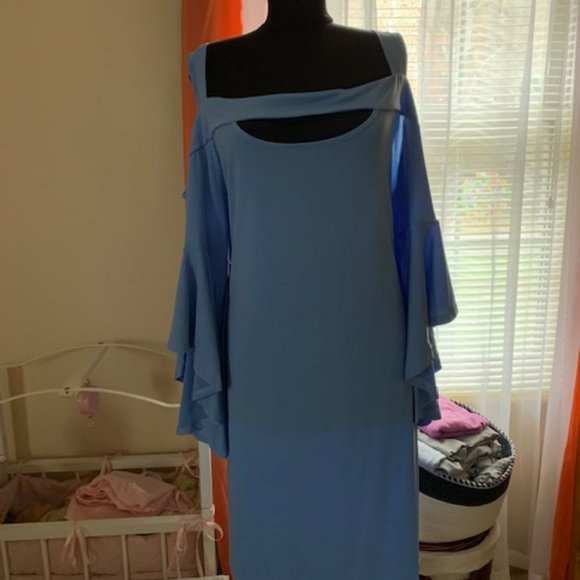 Venus - Cold Shoulder and Cutout Dress in Cornflower Blue. Plus Size - Picture 1 of 2